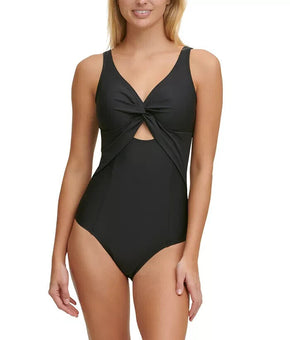 DKNY Peekaboo Twist-Detail Low-Back One-Piece Swimsuit Black Size 16 MSRP $108