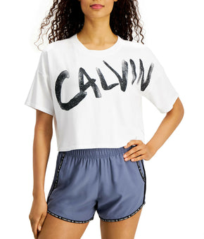 Calvin Klein Performance Brushed-Logo Relaxed Cropped T-Shirt White Size S, $40