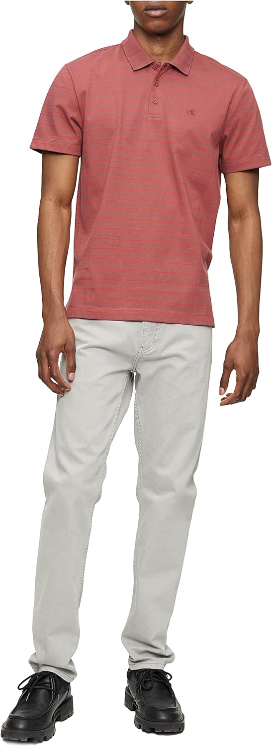 Calvin Klein Men's Smooth Cotton Striped Monogram Logo Polo Shirt, Red Size XS