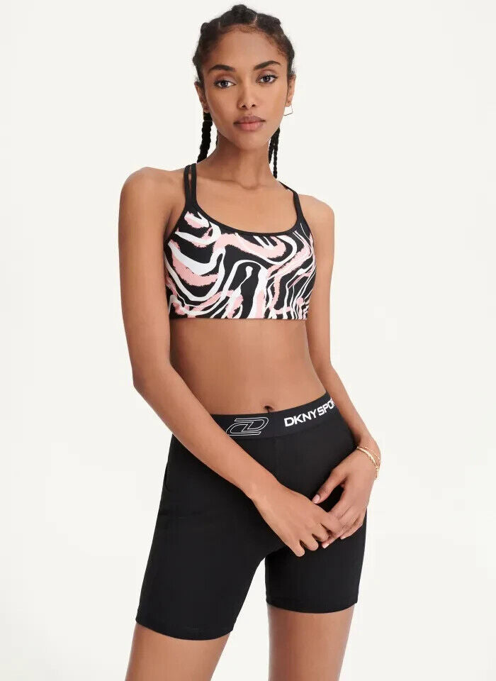 DKNY SPORT Women's Marble-Print Sports Bra Black Pink Size XL MSRP $45