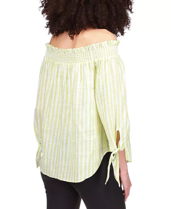 MICHAEL KORS Striped Tie-Sleeve Off-the-Shoulder Top Lime Green Size L MSRP $98