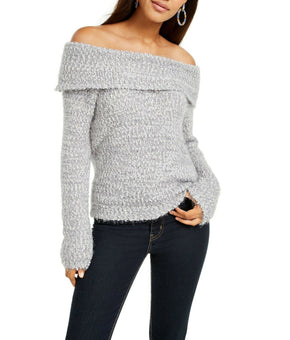 Freshman Juniors Off-the-Shoulder Fuzzy Sweater Gray XS