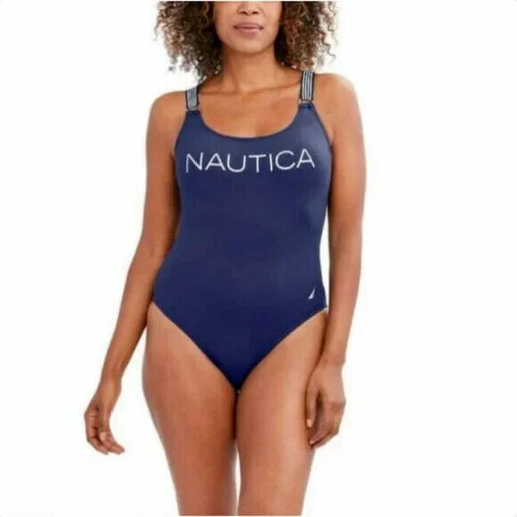 Nautica Women's Standard Cross Back One Piece, Deep Sea, Navy Blue Size XL