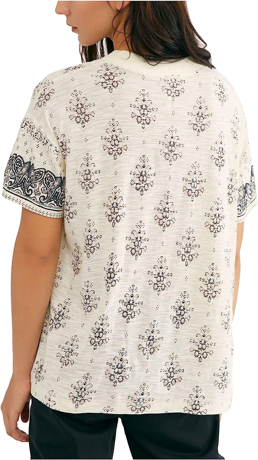 Free People We The Free Womens Yellow Printed Short Sleeve Ivory Top SIze XS