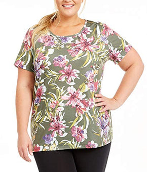 Thalia Sodi Womens Plus Floral Print Keyhole Top Green 2X