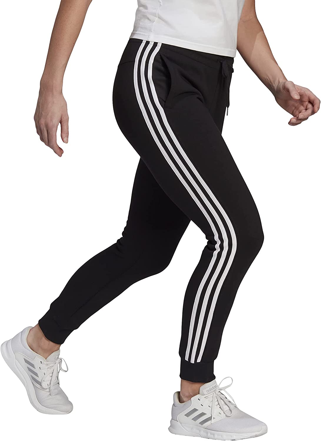 adidas Women's Plus Size Essentials Fleece Tapered Cuff Pants, Black/White, 1X