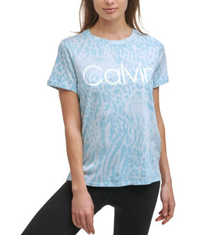 Calvin Klein Performance Women's Printed Top (Bleached Aqua,) Size L Blue