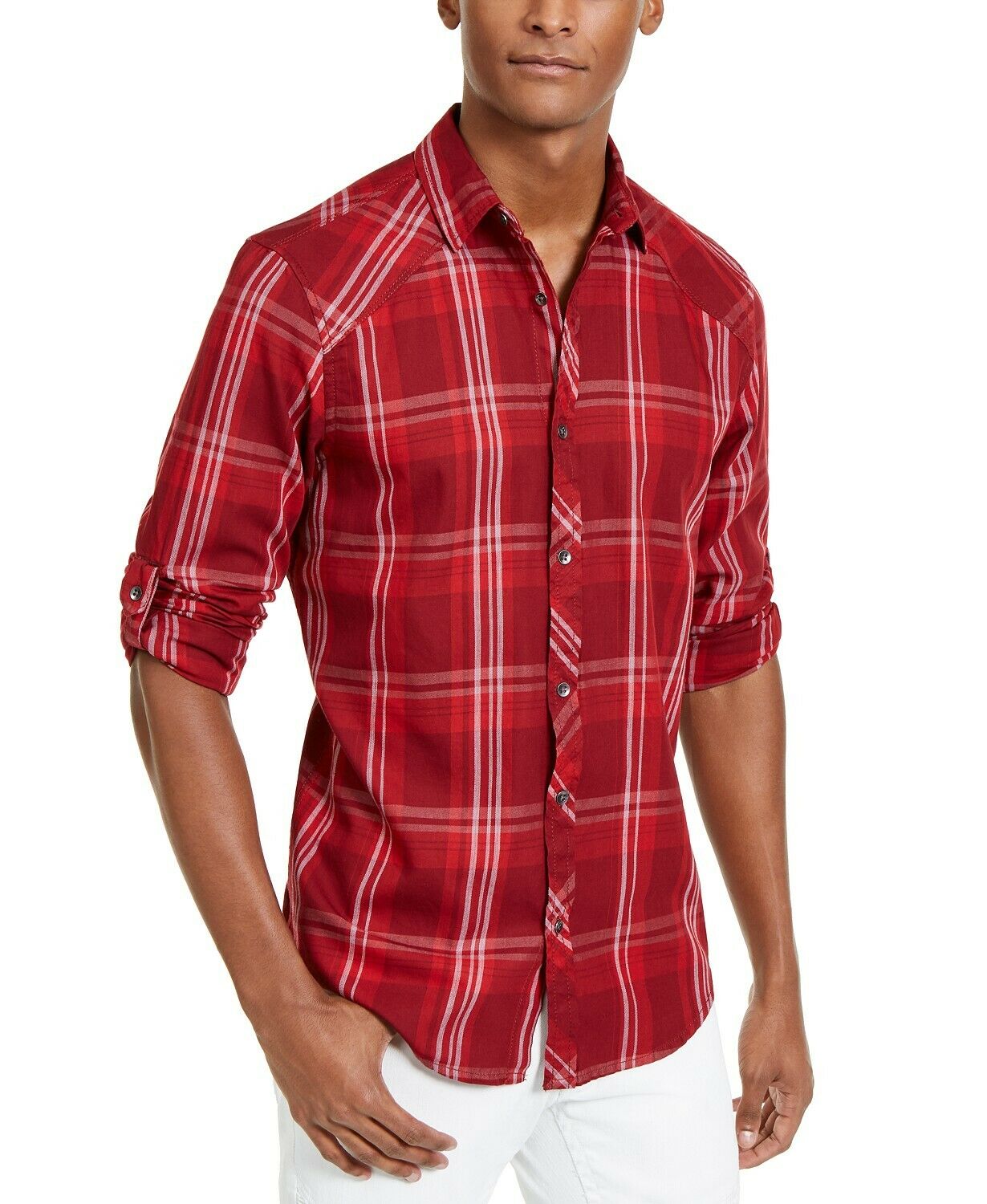 INC International Concepts Mens Marc Red Plaid Collared Long Sleeve Shirt Size S