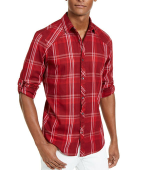 INC International Concepts Mens Marc Red Plaid Collared Long Sleeve Shirt Size S