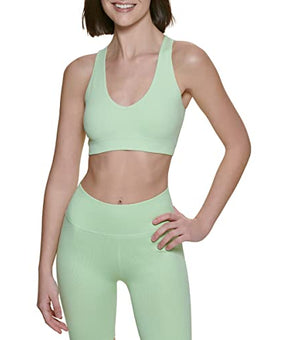 Calvin Klein Thin Rib V-Neck Sports Bra w/ Removable Cups, Key Lime, Medium