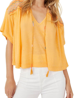 Free People Market Embroidered V-Neck Top Orange Size M MSRP $108