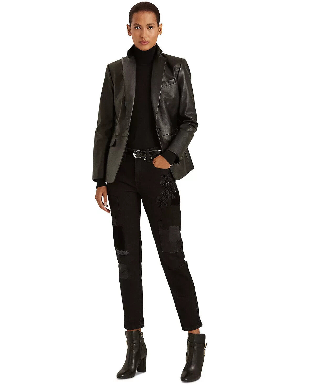 Ralph Lauren Womens Patchwork Relaxed Tapered Jeans Wash Black Size 14 MSRP $175