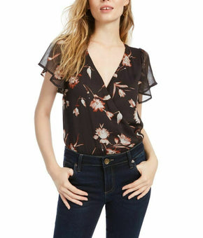 Ash & Violet Bodysuit Floral Print Ruffle Sleeve Black Women Sz XS NEW NWT 407