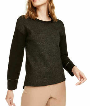 ANNE KLEIN Women's Black Gold Glitter Long Sleeve Jewel Neck Sweater Size: XXS