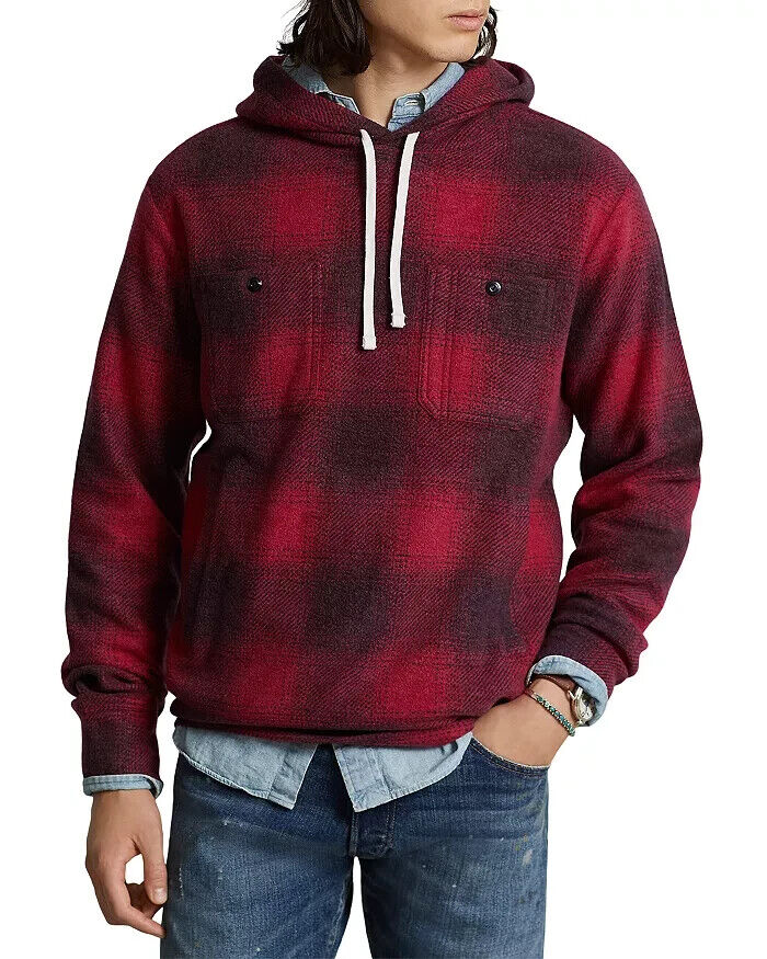 Polo Ralph Lauren Plaid Brushed Back Fleece Hoodie Red Size S MSRP $348