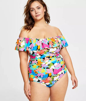 Swim Solutions Tummy Control Ruffled Swimsuit Pink Plus Size 20W MSRP $122
