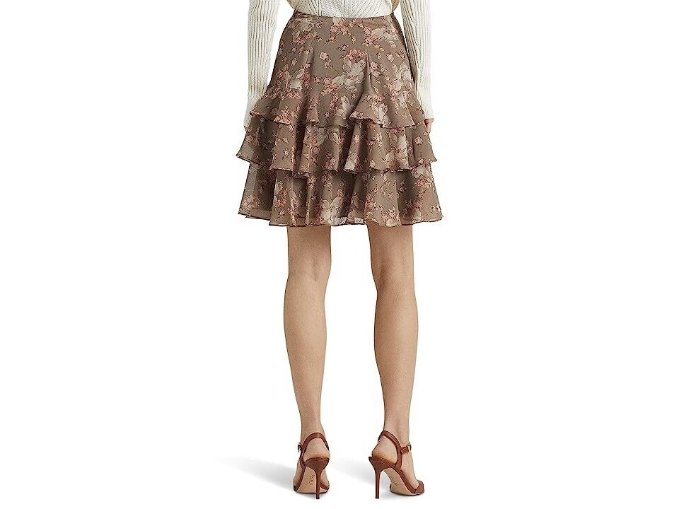 LAUREN Ralph Lauren Floral Crinkle Georgette Tiered Skirt Green Wom Size 16 $145