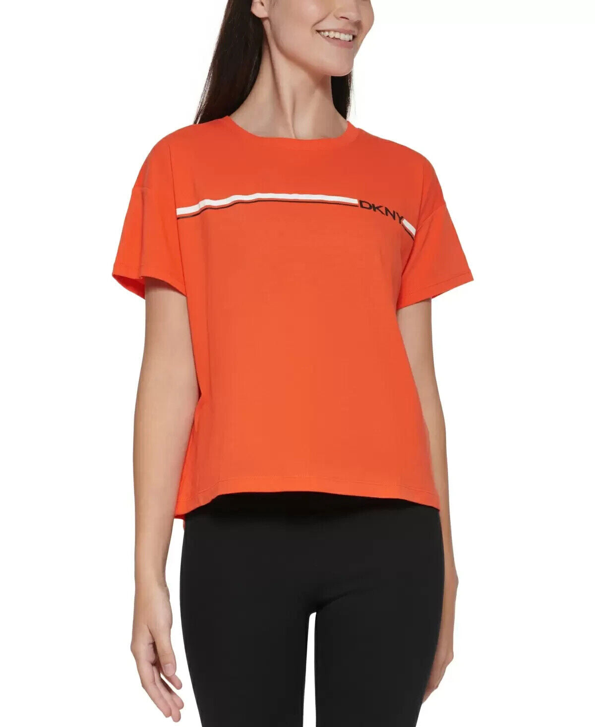 Dkny Sport Women's Cotton Logo-Stripe Cropped T-Shirt Orange Size L MSRP $40