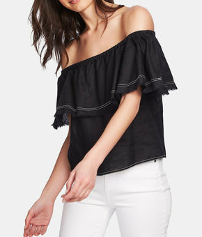 1.STATE Women Ruffled Off-The-Shoulder Linen Top Black Size XL