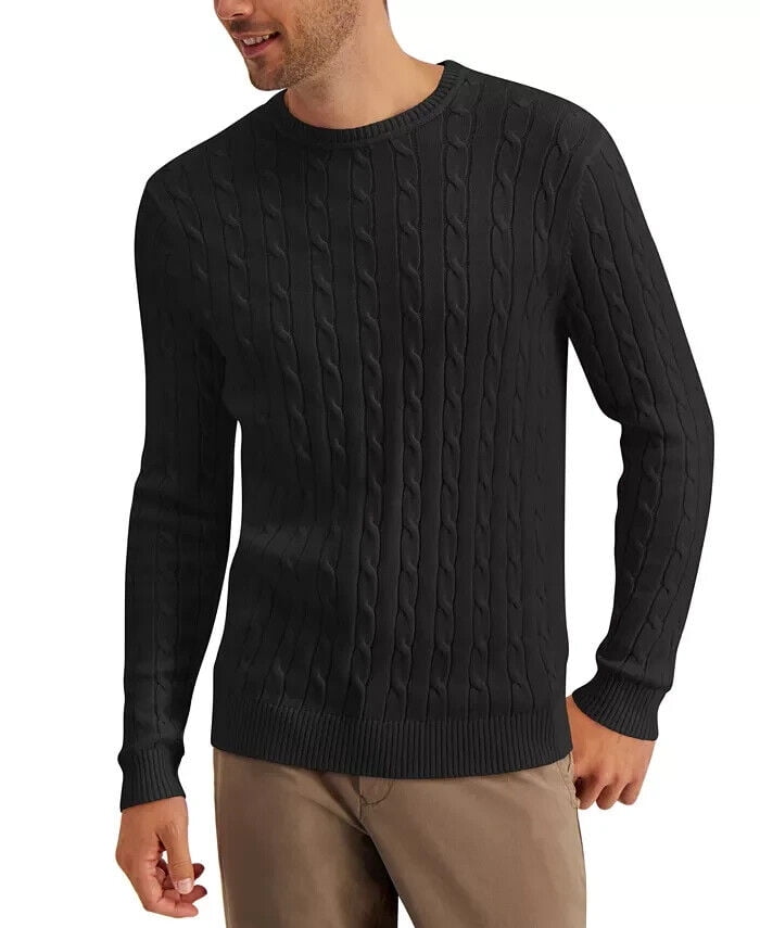 Club Room Men's Cable-Knit Cotton Sweater in Deep Black-Size 2XL