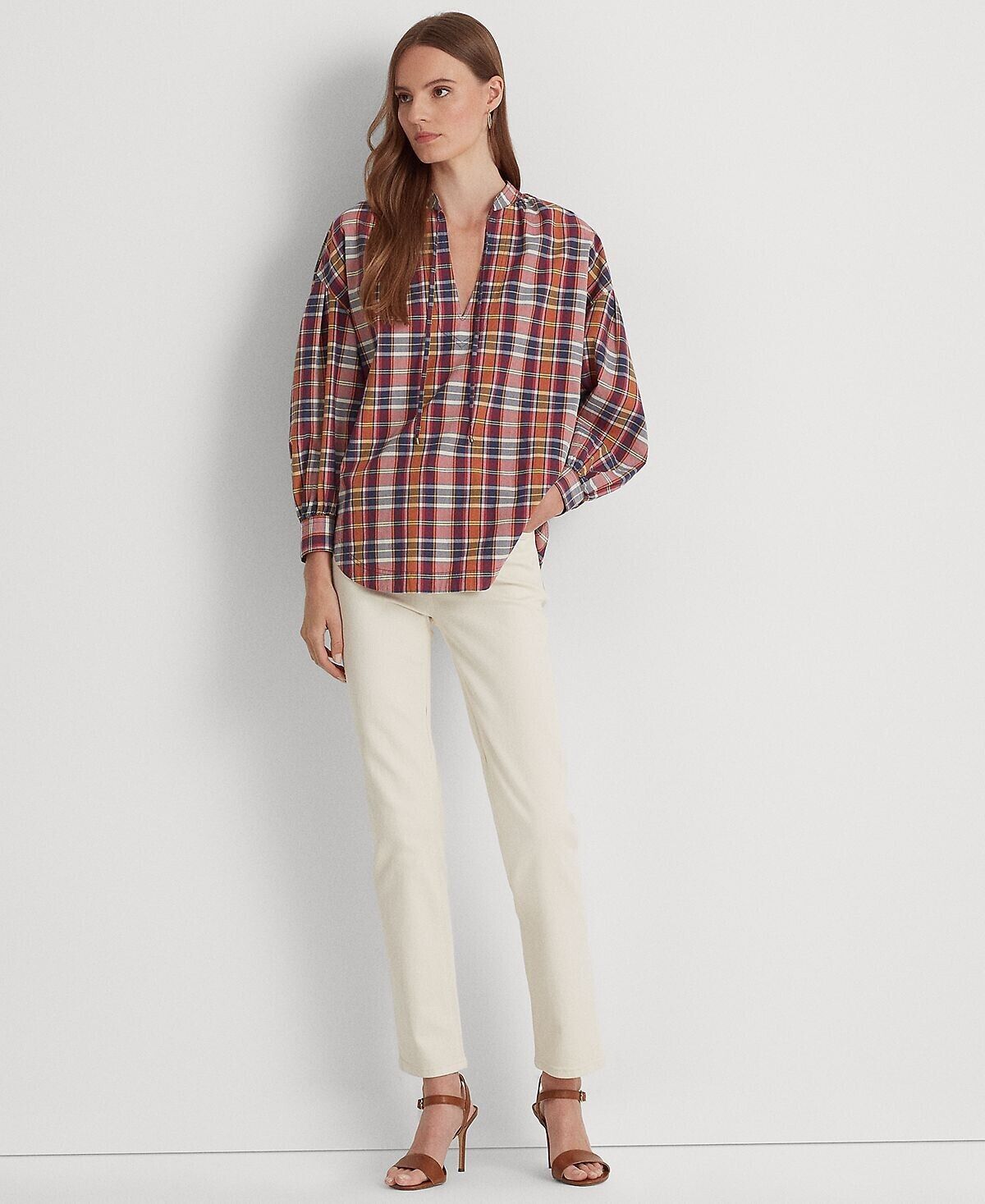 LAUREN RALPH LAUREN Women's Cotton Madras Tie-Neck Blouse Pink Size L MSRP $115