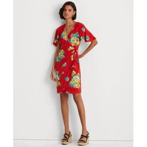 Lauren Ralph Lauren Womens Floral Ruffle-Trim Jersey Dress red Size 16