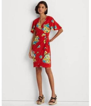 Lauren Ralph Lauren Womens Floral Ruffle-Trim Jersey Dress red Size 16