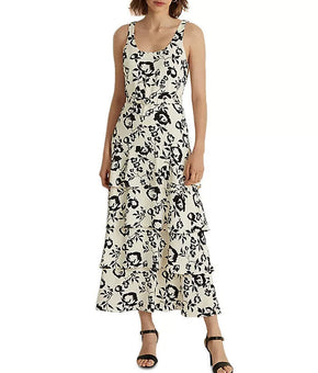 Lauren Ralph Lauren Floral Belted Crepe Dress Cream Black Size 14 MSRP $245