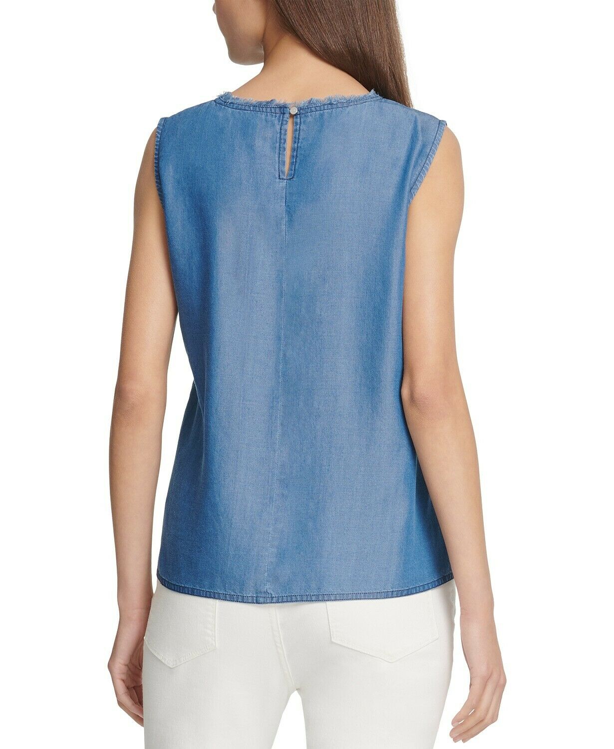 DKNY Women's Asymmetrical Fringe Sleeveless Blue Blouse Shirt Top Size XS