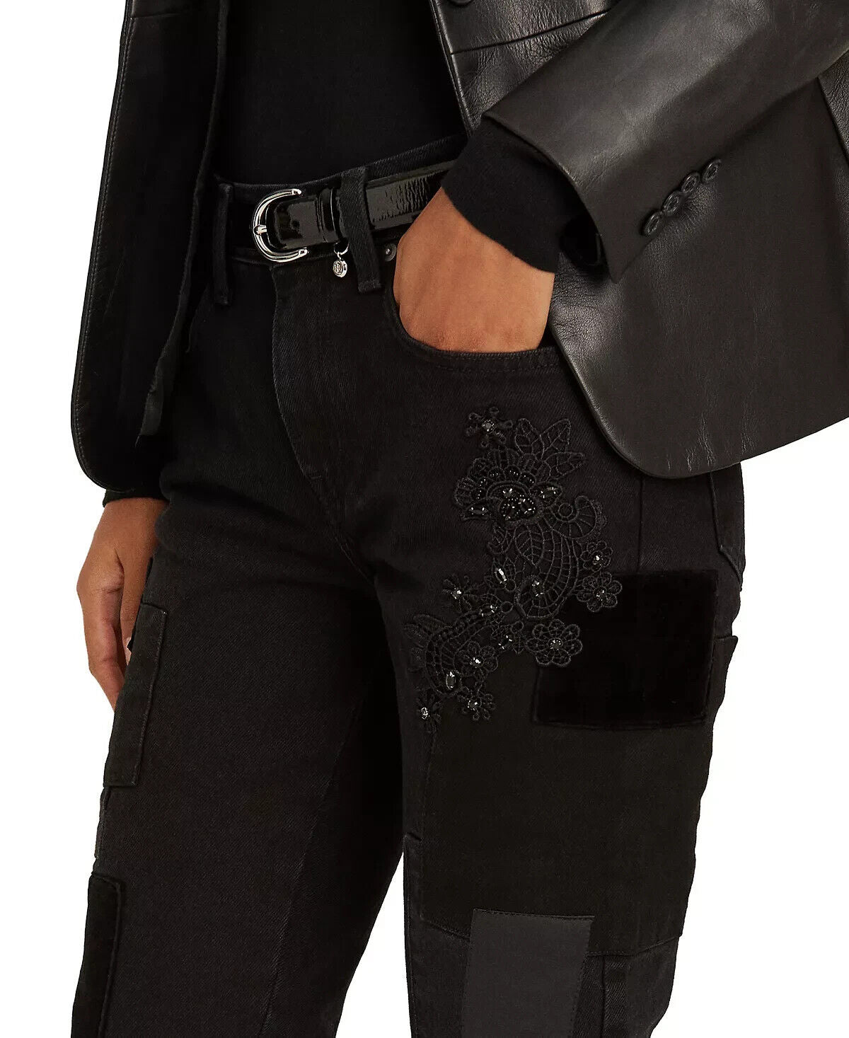 Ralph Lauren Womens Patchwork Relaxed Tapered Jeans Wash Black Size 14 MSRP $175