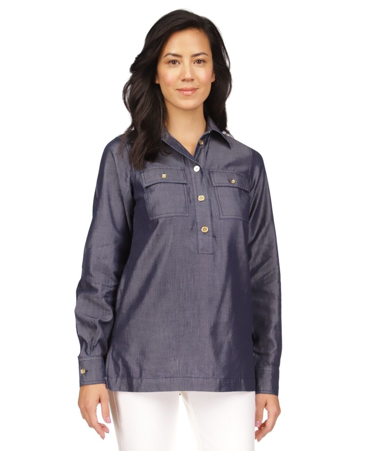 Michael Kors Women Quarter Button Long-Sleeve Tunic Top Indigo Blue Size M $110