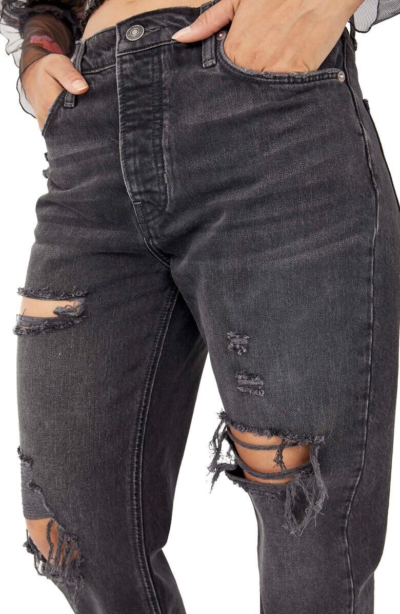 Free People Distressed Tapered Baggy Boyfriend Jeans Black Size 27 MSRP $98