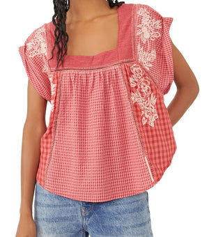 FREE PEOPLE Women's Half Moon Gingham Check Shirt Red Size S MSRP $128