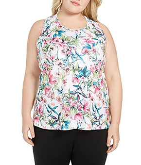 Ideology Women's Plus Size Floral-Print Split-Back Top Island Palm-Bright White 3X