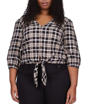 Michael Kors Women's Flannel Tie Front Top Black Plus Size 2X MSRP $98