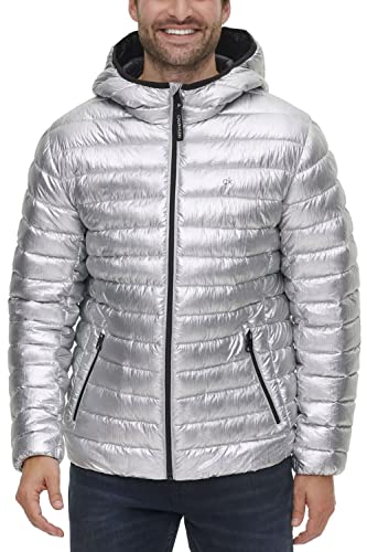 Calvin Klein Mens Packable Down Hooded Jacket Silver Large