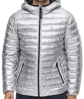 Calvin Klein Mens Packable Down Hooded Jacket Silver Large