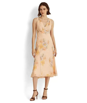 LAUREN Ralph Lauren Floral Crinkled Georgette Dress Orange Size 10 MSRP $145