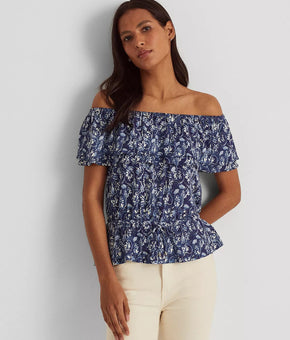 LAUREN RALPH LAUREN Floral Off-the-Shoulder Jersey Top Blue Size XL MSRP $115