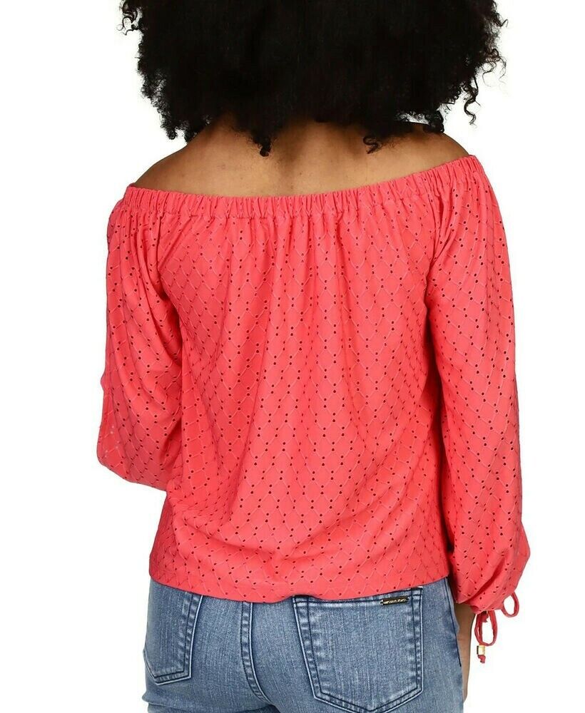Michael Kors Eyelet-Embroidered Split-Sleeve Top Pink Size L MSRP $84