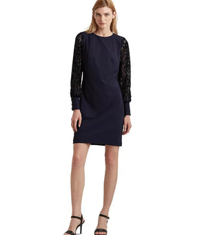 LAUREN Ralph Lauren Jersey Lace-Sleeve Dress Navy Blue Size 14 MSRP $155