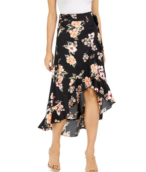 Bar Iii Floral-Print Wrap Skirt Women's Black Size M MSRP $70