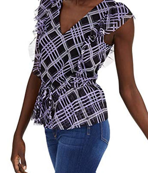 INC Womens Blouse Purple Large Ruffle Plaid-Mesh V-Neck Black L