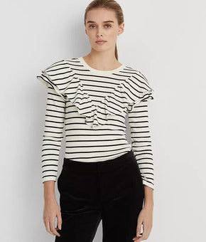 Lauren Ralph Lauren Womens Cream Striped Ruffle-Trim Long-Sleeve Top XS MSRP $80