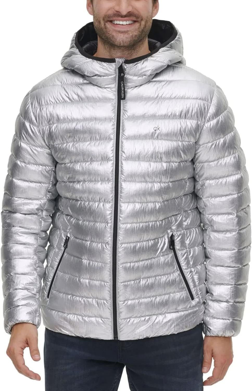 Calvin Klein Mens Packable Down Hooded Jacket Silver Large