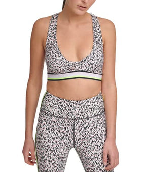 DKNY womens Sport Printed Low-Impact Sports Bra, Slate Heather Large White Black