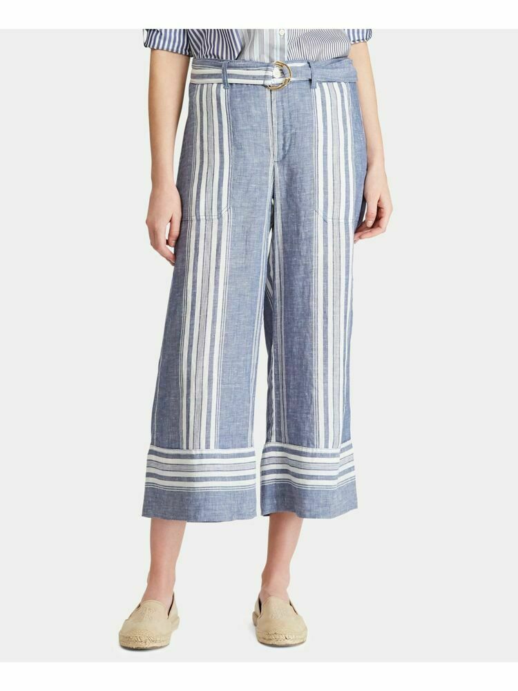 RALPH LAUREN Womens Blue Belted Striped Wide Leg Pants Size: 10 MSRP $125