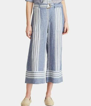 RALPH LAUREN Womens Blue Belted Striped Wide Leg Pants Size: 10 MSRP $125
