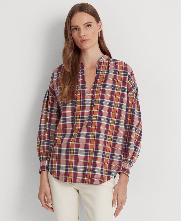 LAUREN RALPH LAUREN Women's Cotton Madras Tie-Neck Blouse Pink Size L MSRP $115