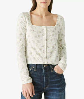 Lucky Brand Pointelle Floral-Print Cardigan White Size L MSRP $60